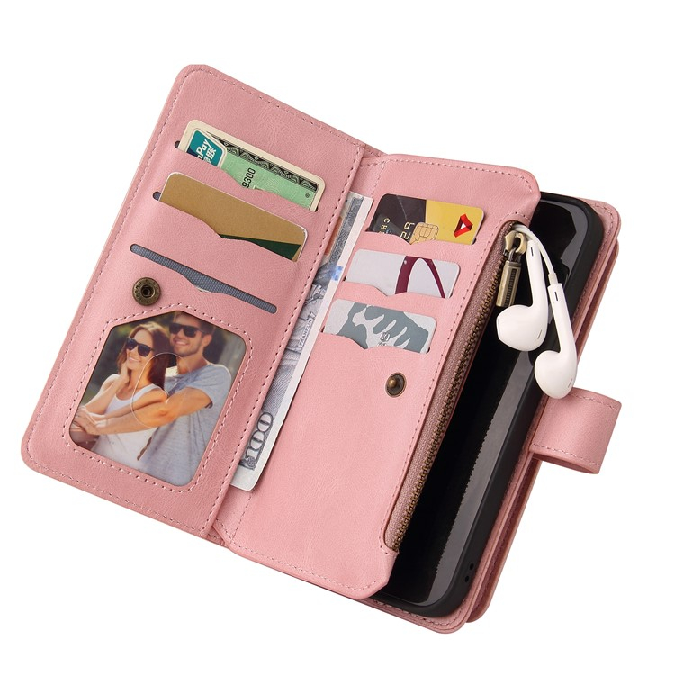 iPhone 16e Leder Tasche Flip Cover Kartenfächer mit Druckknopfverschluss   Handschlaufe - Rosa
