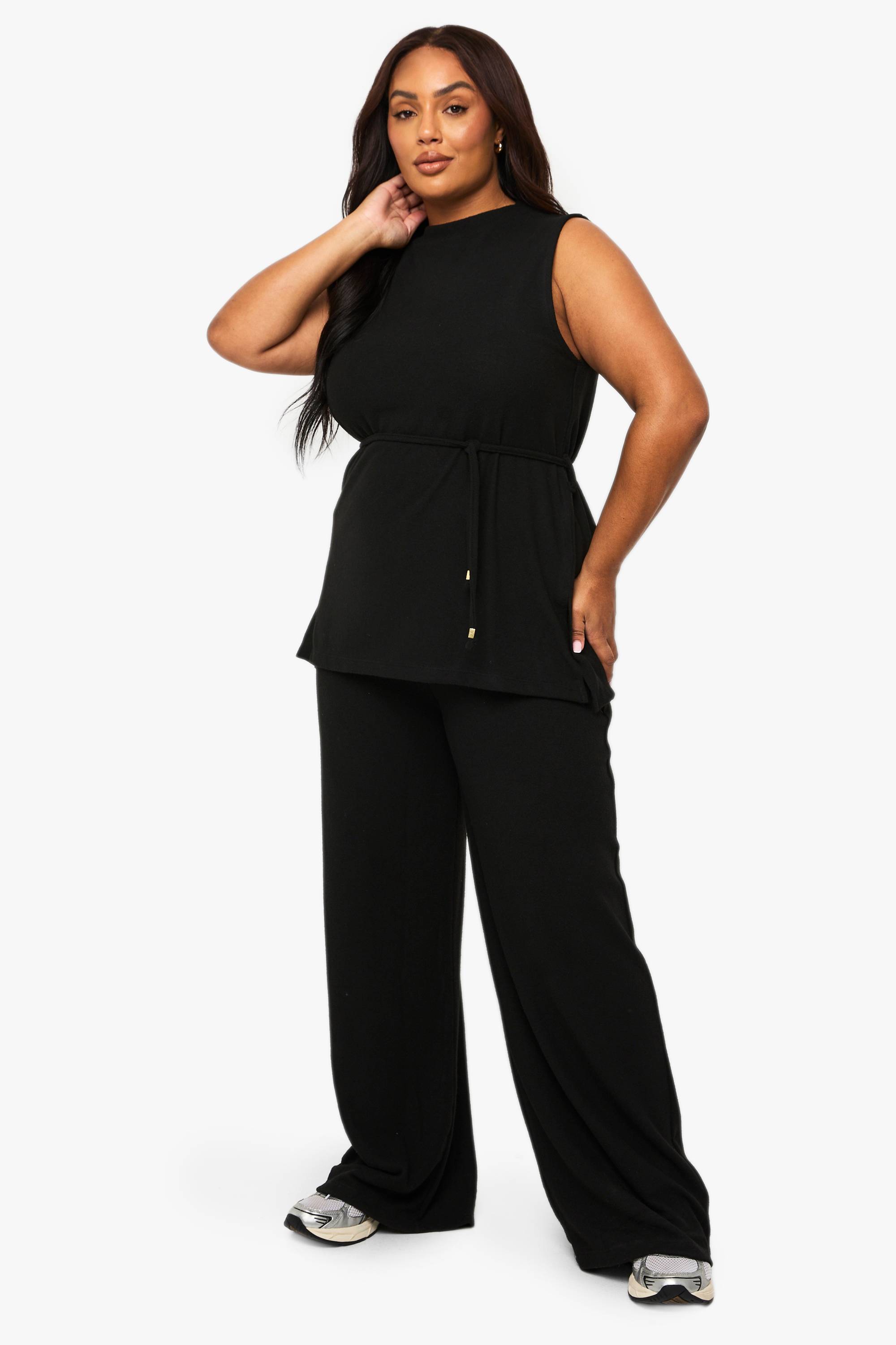 boohoo Ensemble Grande Taille Tunique Brossée Avec Ceinture À Nouer Et Pantalon Large