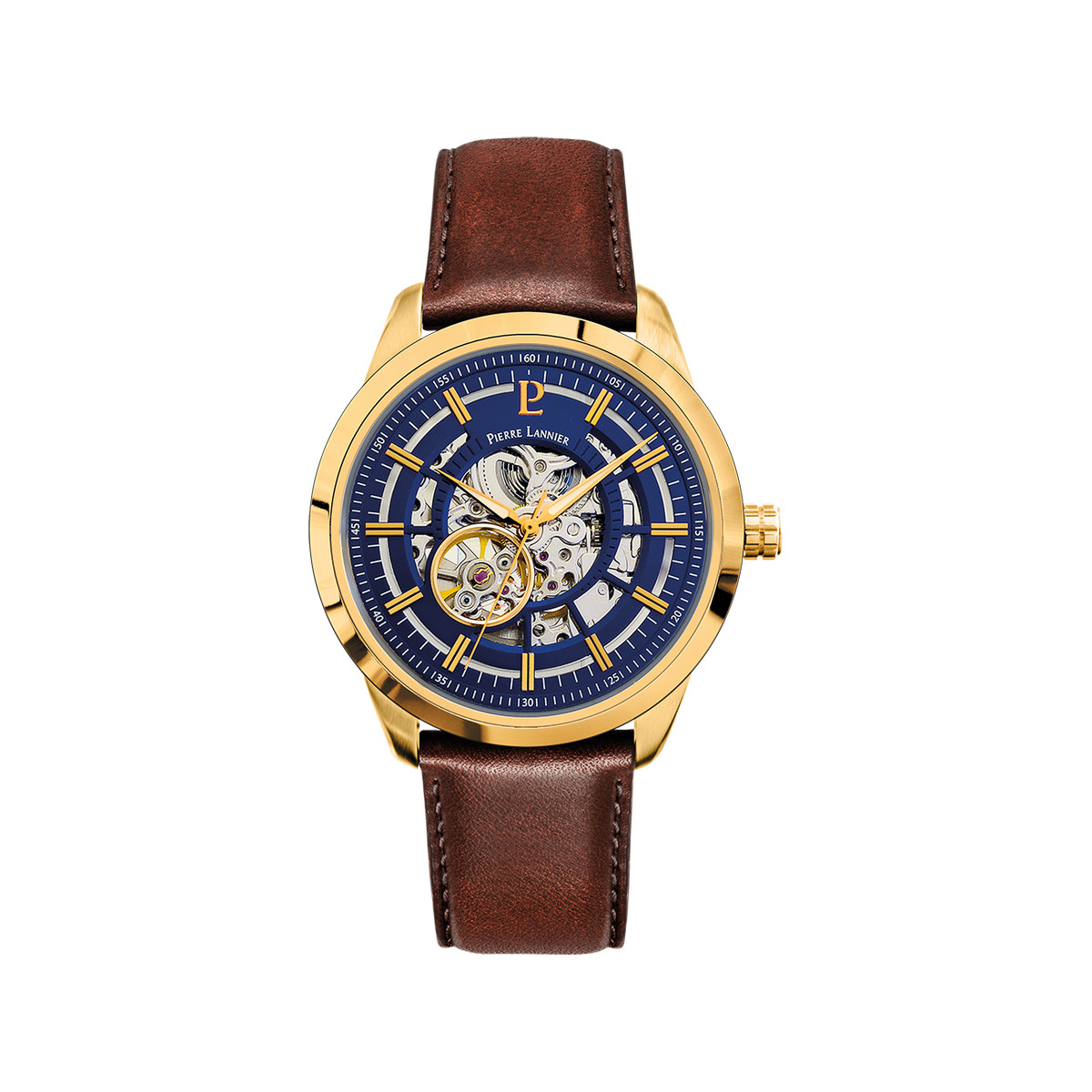 Montre PIERRE LANNIER automatic homme automatique acier doré bracelet cuir brun