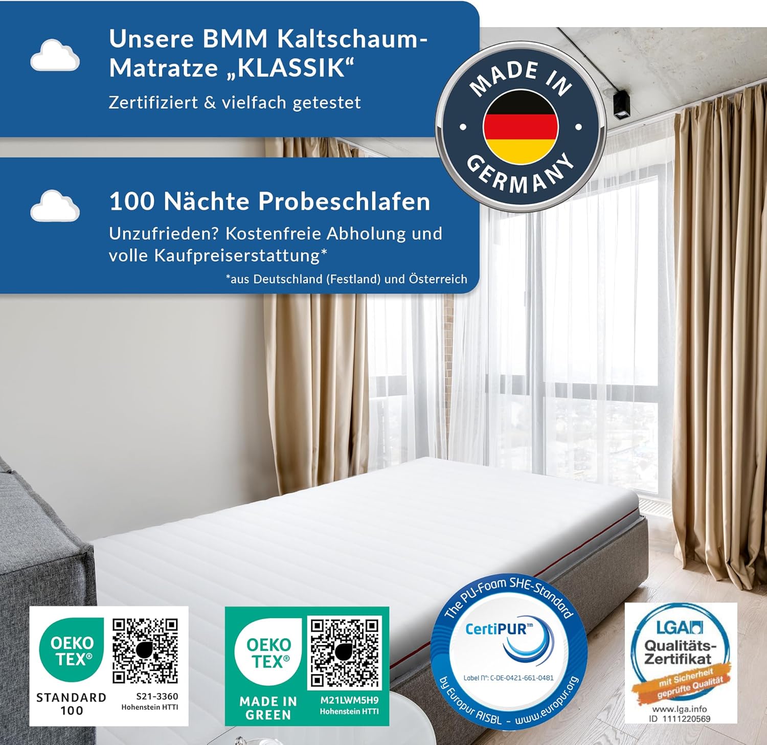 BMM Matratze 90x190 cm Klassik 19 Härtegrad H4 extra fest/Kaltschaummatratze Öko-Tex Zertifiziert/ergonomische 7 Zonen Matratze Höhe 19 cm/Matratzen produziert in Deutschland