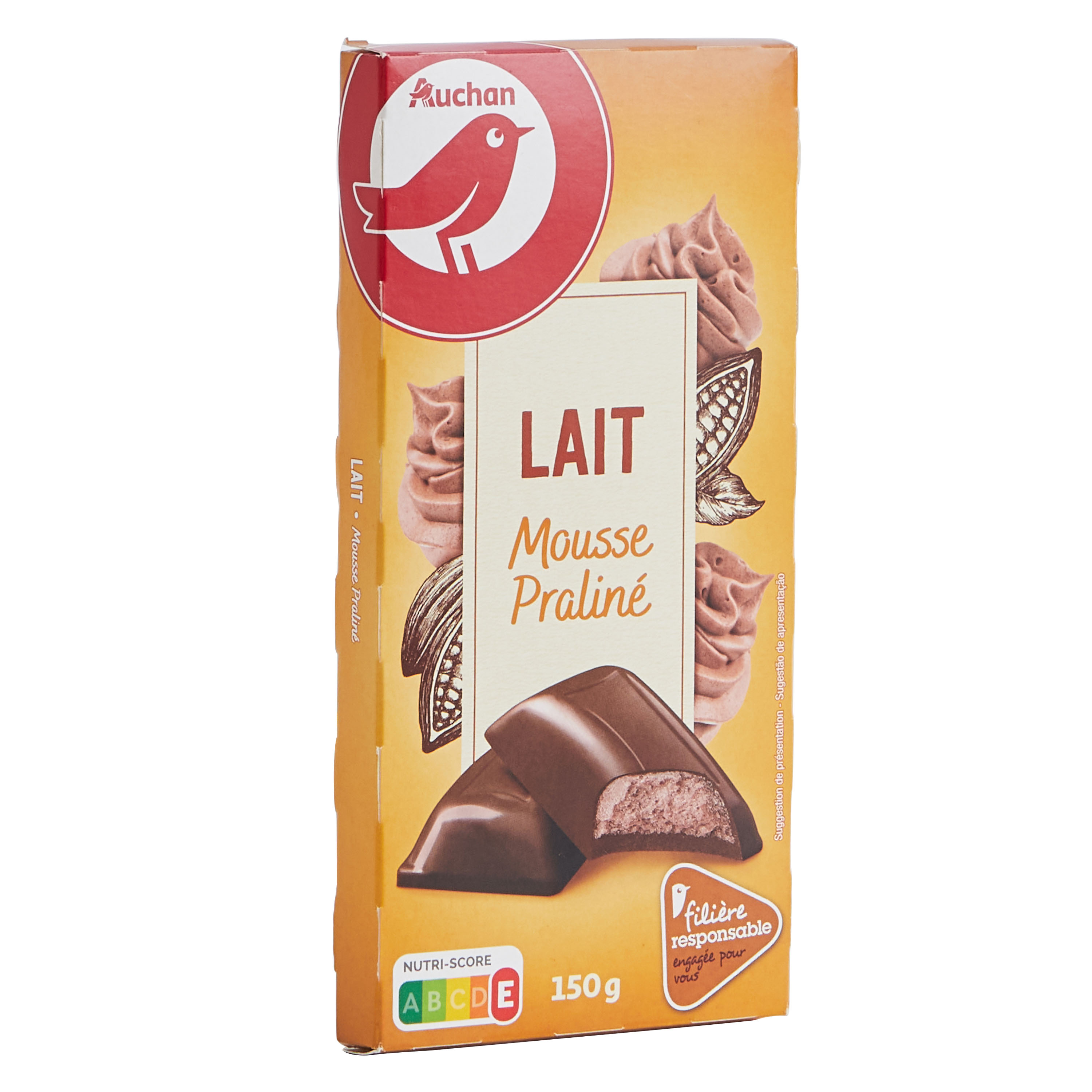 CHOCOLATE DE LEITE AUCHAN COM RECHEIO DE MOUSSE PRALINÉ CULTIVAMOS O BOM150G