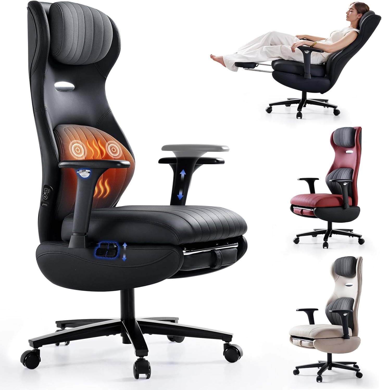EMIAH Ergonomischer Bürostuhl, Schreibtischstuhl mit Fußstütze aus PU Leder, Verstellbare Armlehnen Compute Stuhl, mit Heizung und Massage, Chefsessel mit Kopfstütze und Lendenwirbelstütze, Schwarz FS6194690