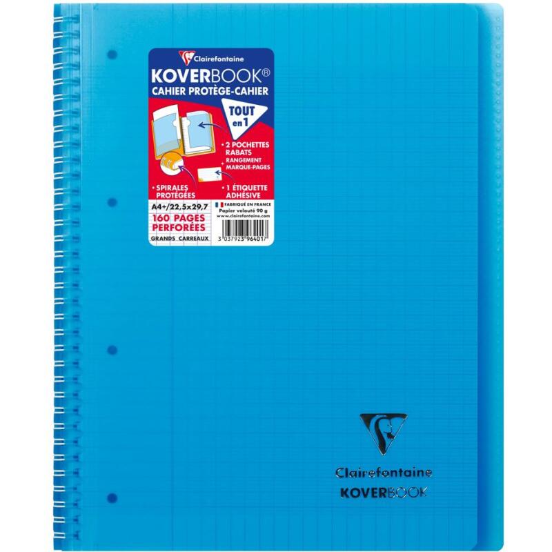 Cahier reliure intégrale enveloppante Koverbook A4+ 160 pages grands carreaux détachables perforé 4 trous couverture polypropylène t ransparent - Assortis