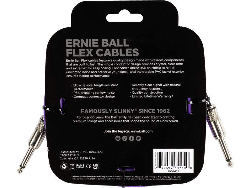 Ernie Ball Instrumentenkabel Flex 6415 – 3.05 m, Purpur Flexibles Standardkabel für Instrumente