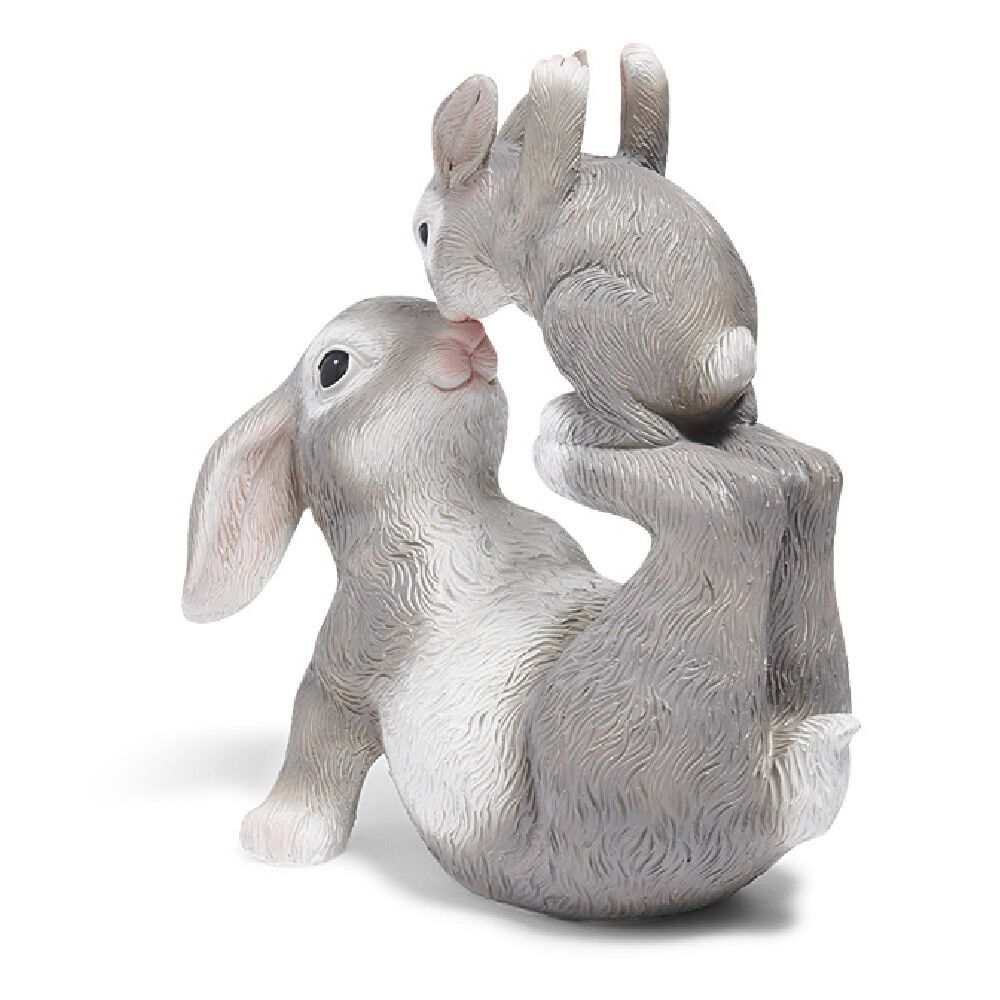 Lapin et son bébé décoration gris et blanc en résine