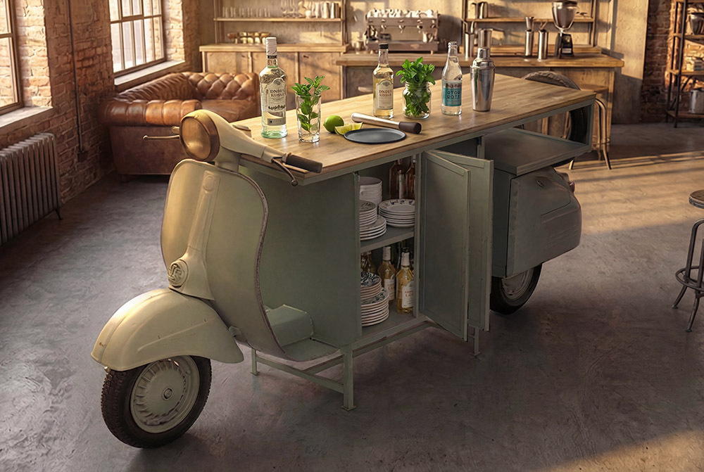 Extravaganter Barschrank SCOOTER 250cm salbei Retro-Konsole Motorroller mit Mangoholz Upcycling