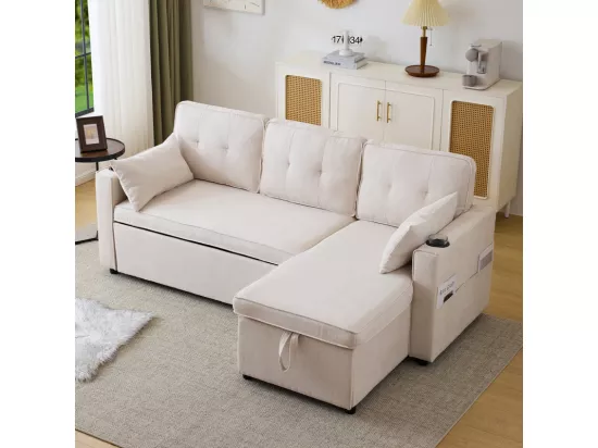 Canapé d'angle réversible convertible en coton et en lin, Méridienne avec rangement, porte-verres, 211x129.5x86cm, Beige