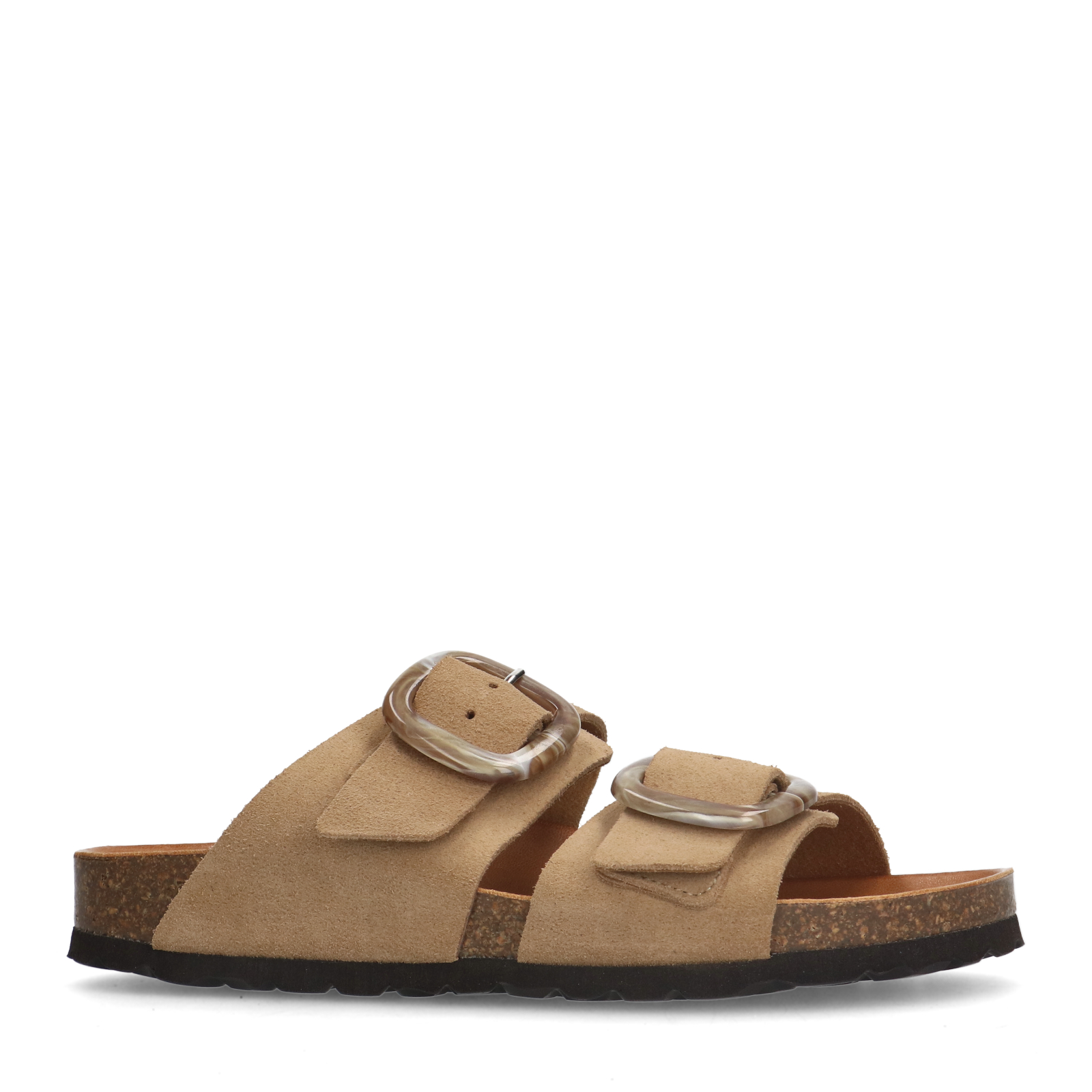 Beige suède slippers met gesp