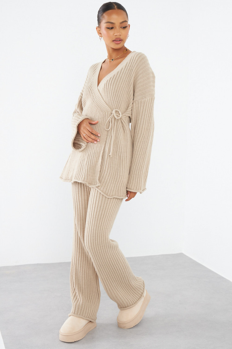 Ensemble 2 pièces gilet croisé + pantalon beige foncé en maille