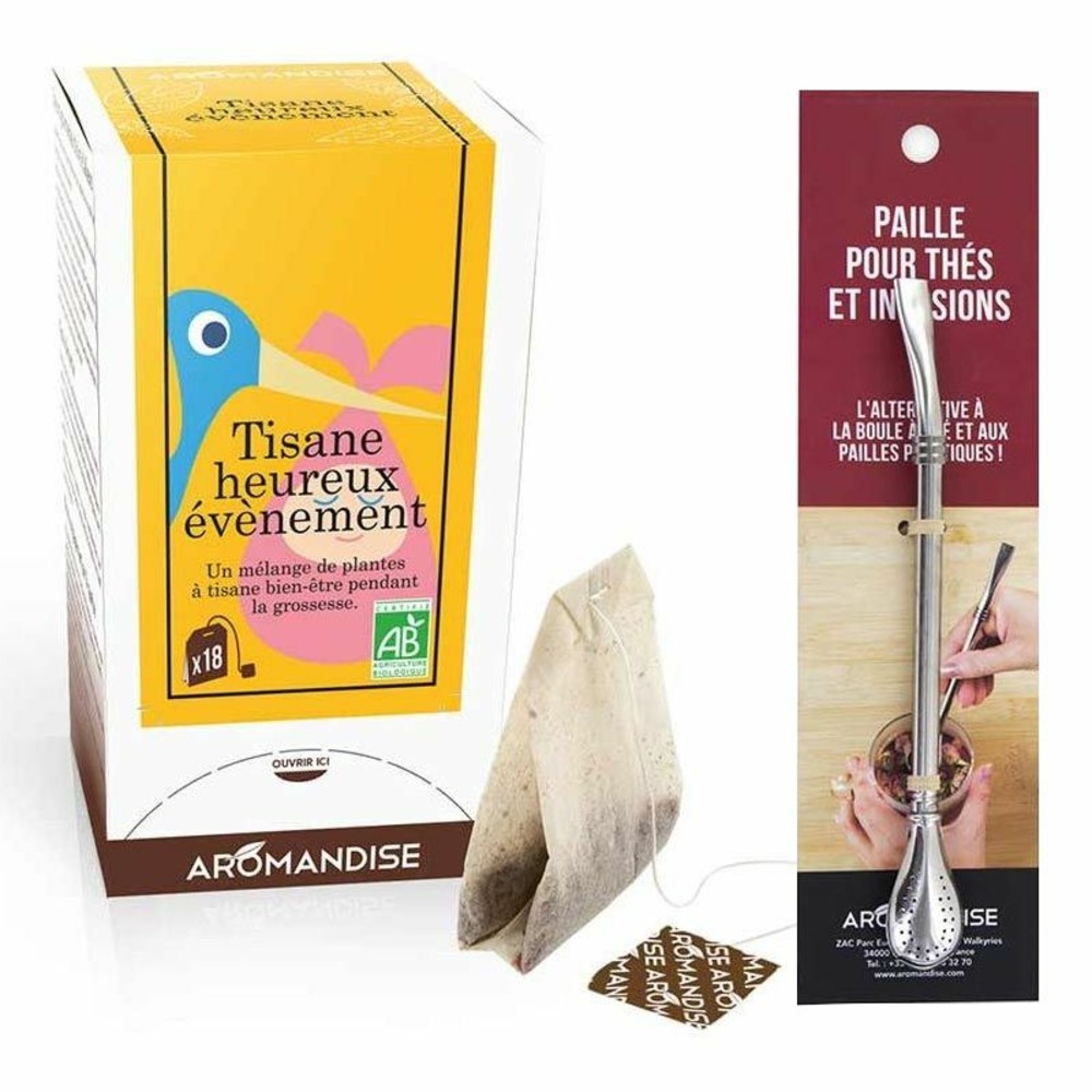 Tisane heureux evènement grossesse + paille inox avec filtre