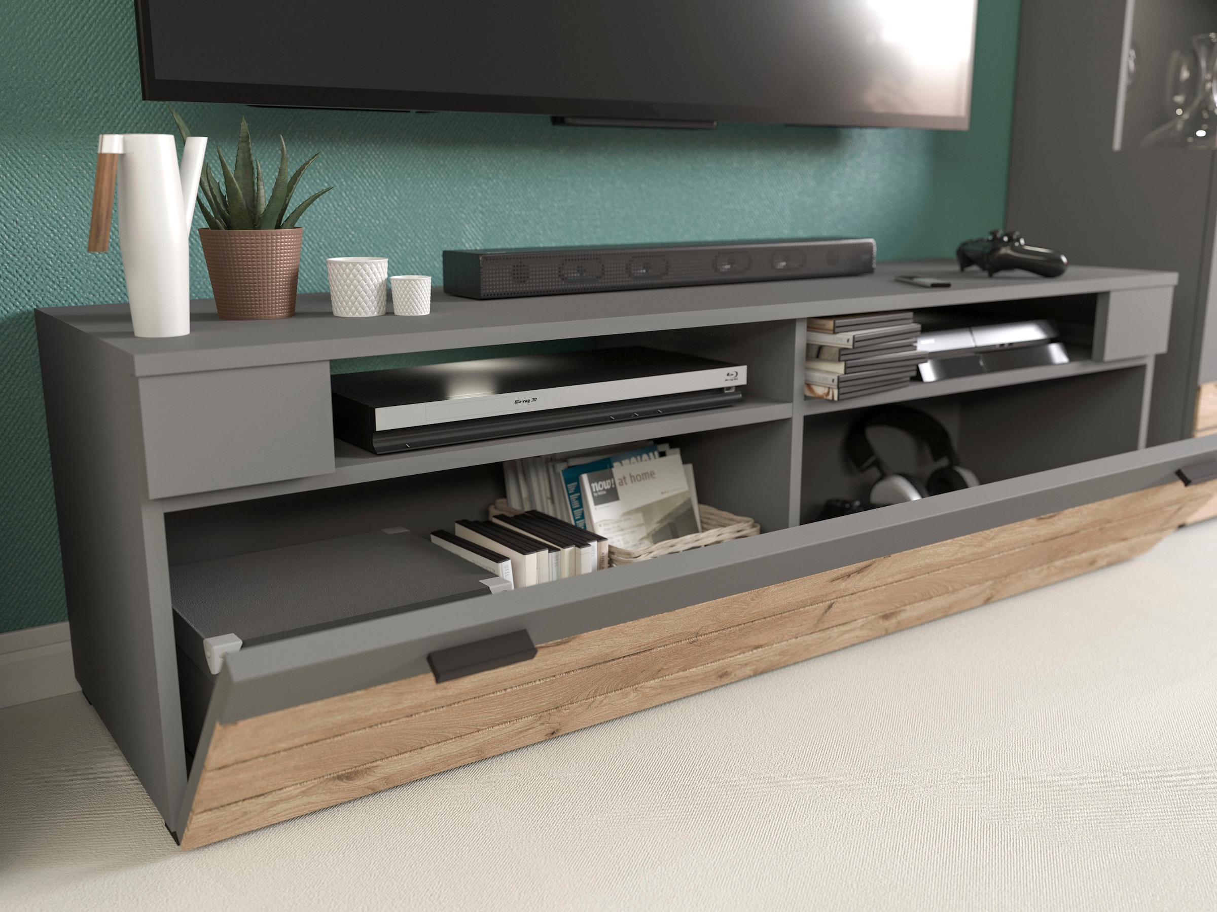 INOSIGN Lowboard »Aalborg, Breite 140 cm, 1 Klappe, 2 offene Fächer, Metallgriffe« TV-Möbel, TV-Schrank, TV-Lowboard, Mediaboard, Wohnmöbel
