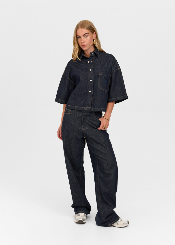 Denim blouse korte mouw marine blauw