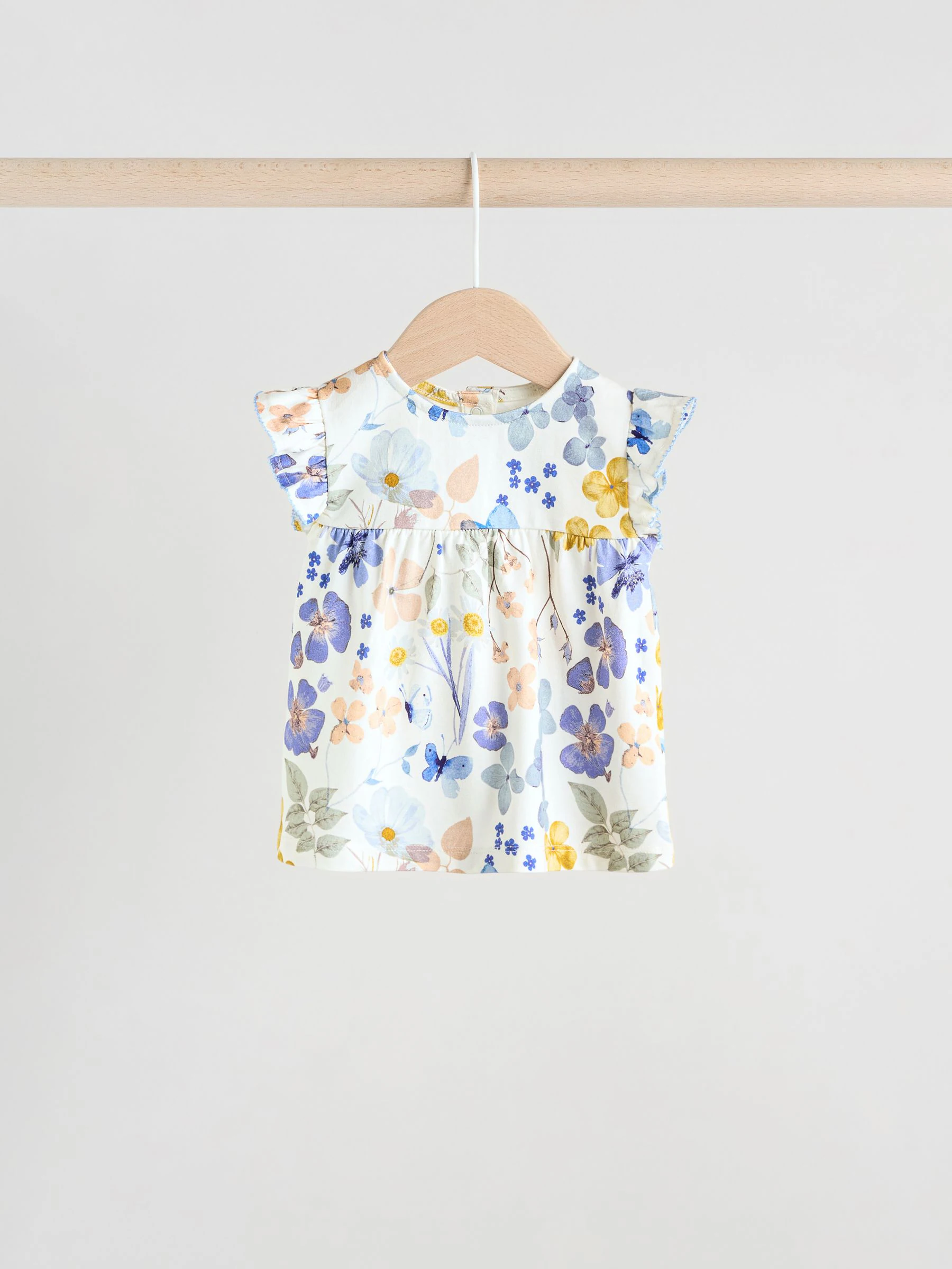 Blauw/wit met bloemenprint - 6 -delig Baby Set van T-shirt met ruches en short (0mnd-2jr)