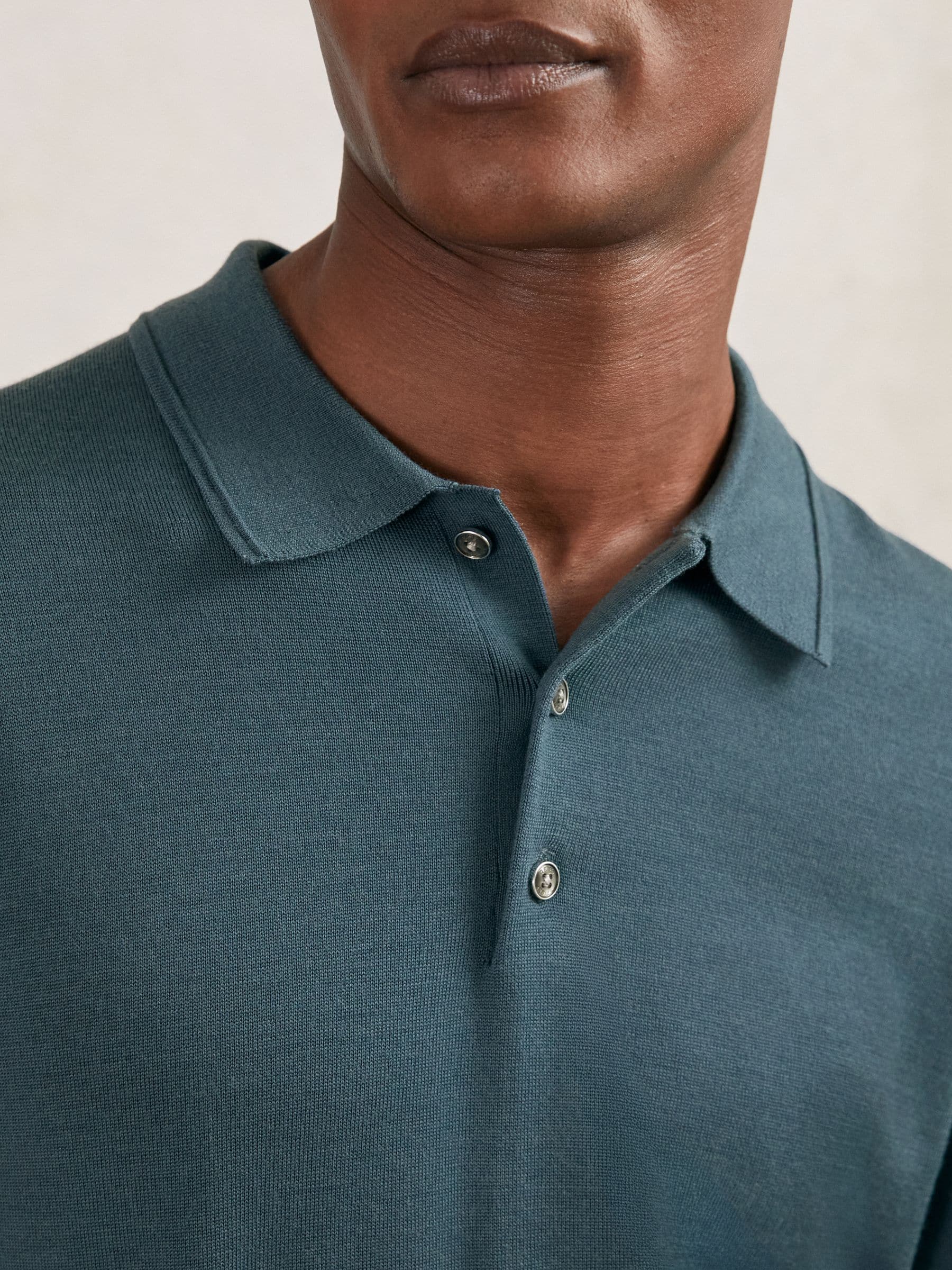 Blauwe Orion - Reiss Trafford poloshirt met lange mouwen van merinowol