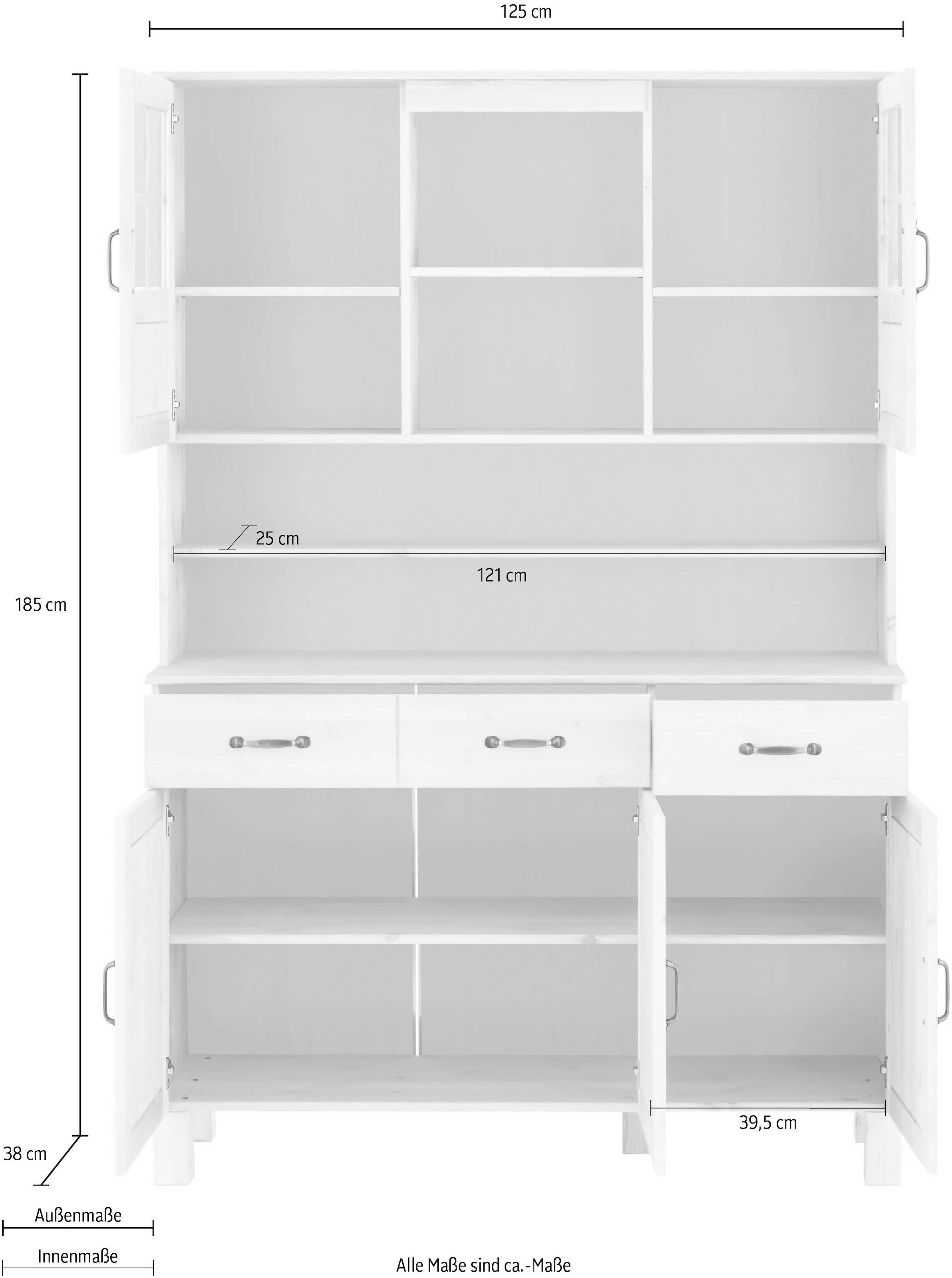 Home affaire Küchenbuffet »Alby« Breite 125 cm, 2 Glastüren, 2 Schubladen