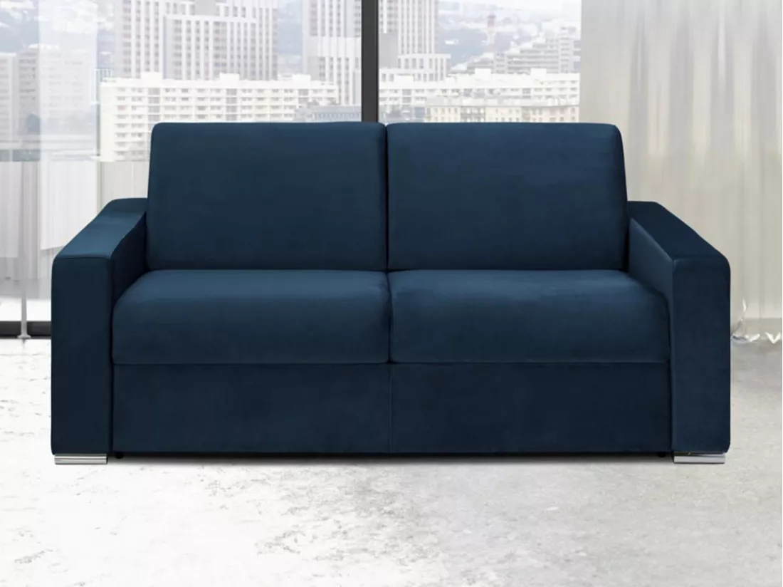Canapé 3 places convertible express en velours bleu nuit - Couchage 140 cm - Matelas 18 cm avec mémoire de forme CALITO