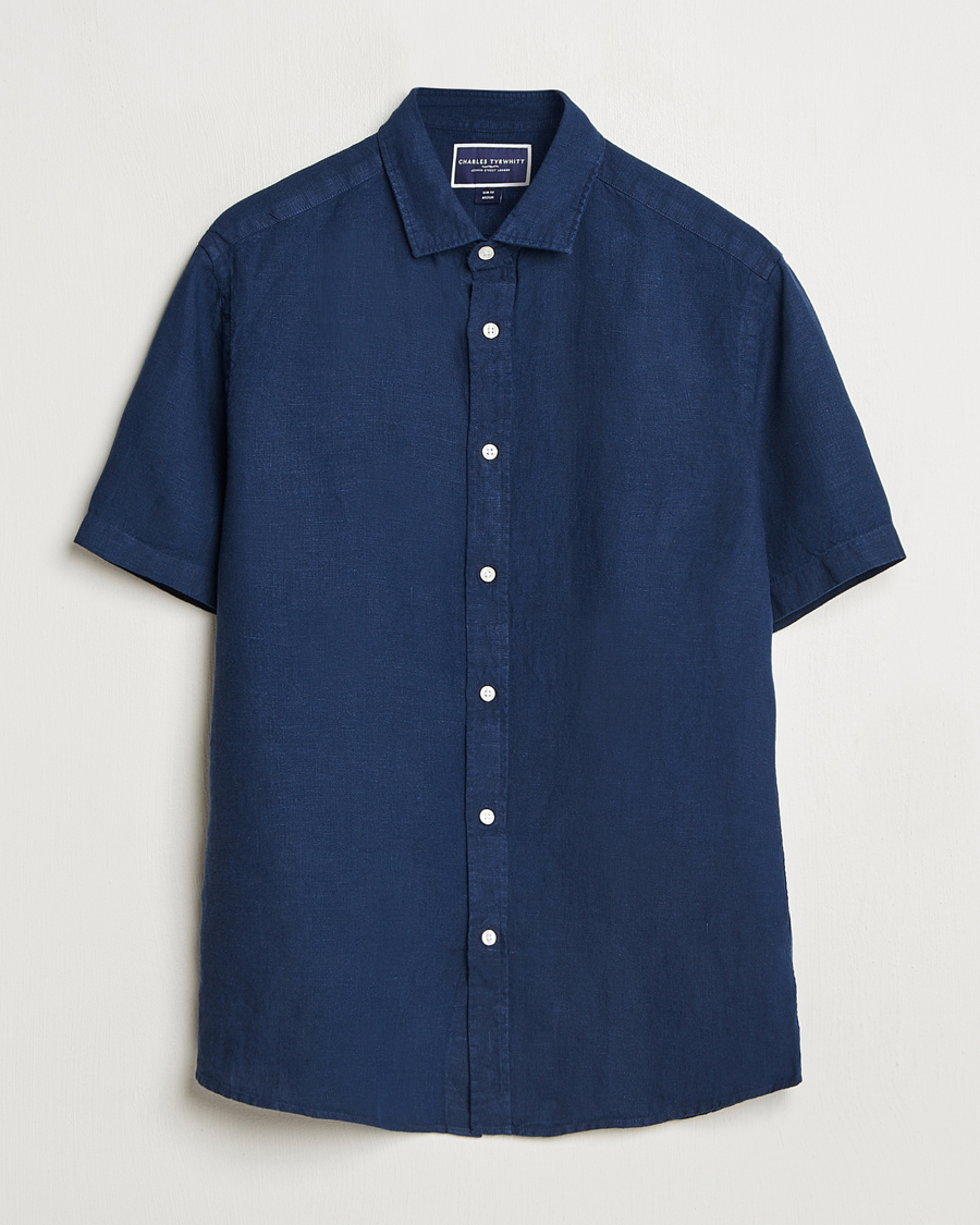 Charles Tyrwhitt Pure Linen Short Sleeve Slim Fit Shirt Navy