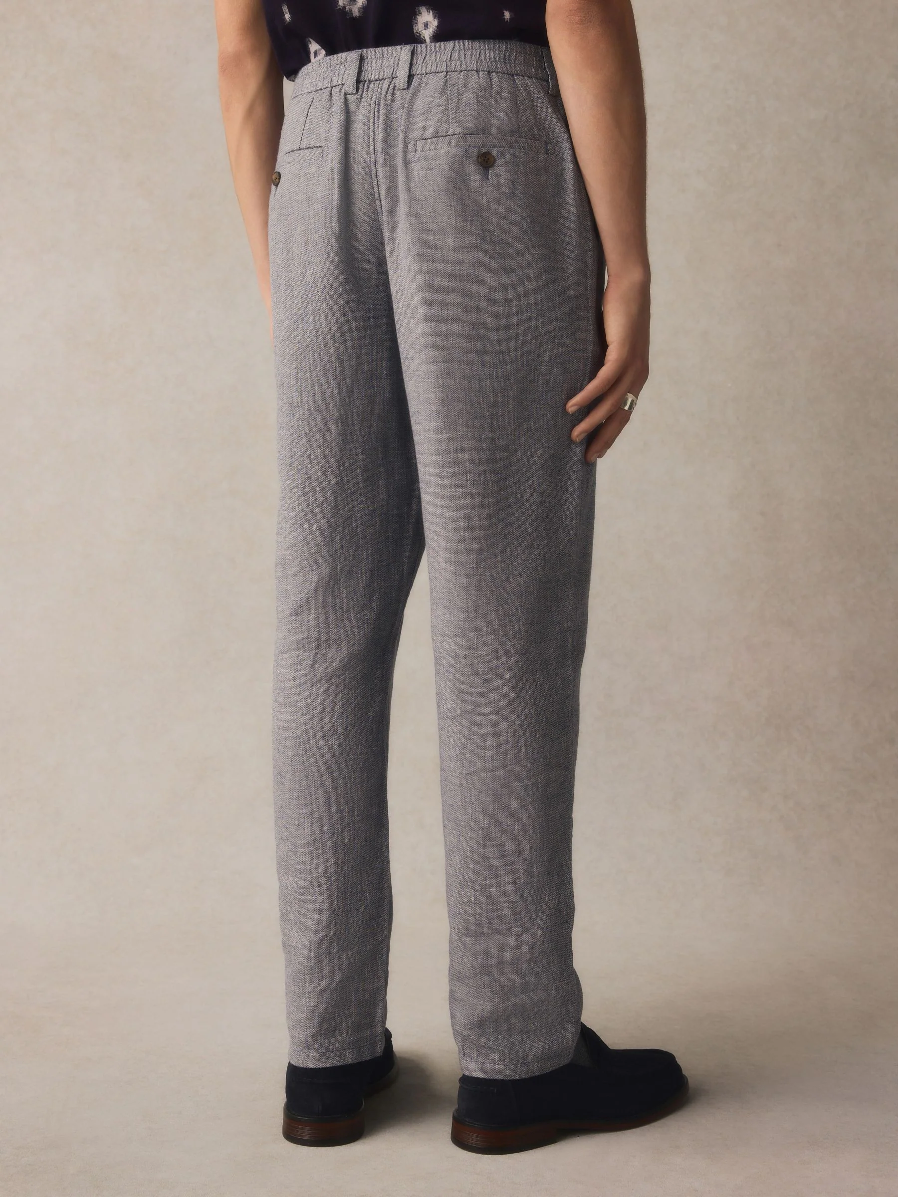 Chambray blauw - Getextureerde broek van linnenmix met elastische taille
