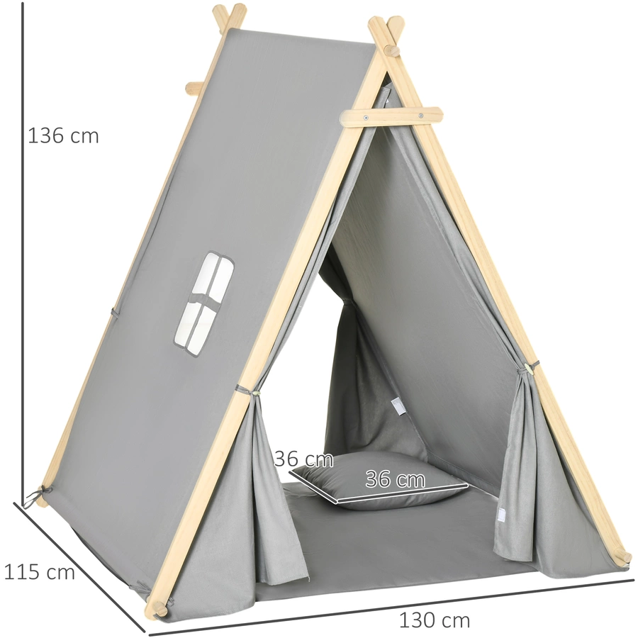 HOMCOM Kinder Tipi Zelt mit Kissen, Bodenmatte und Aufbewahrungstasche grau