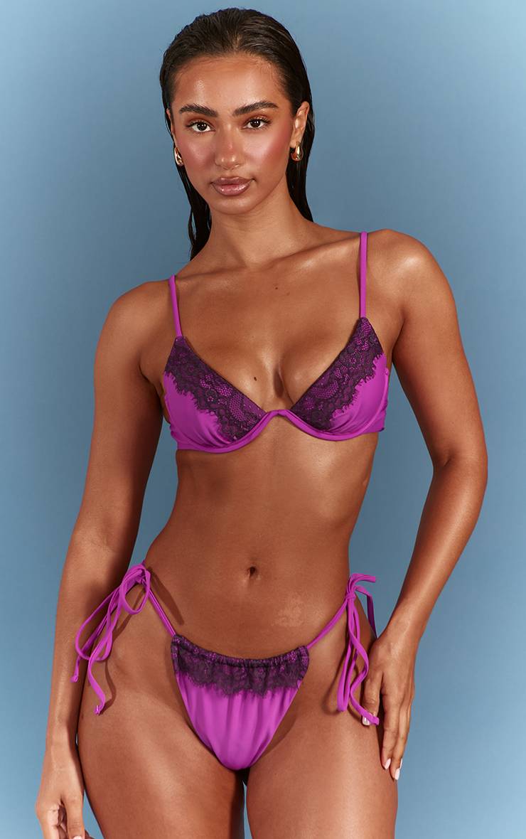 Violet Bas De Bikini À Liens Latéraux Avec Détail En Dentelle Contrastante