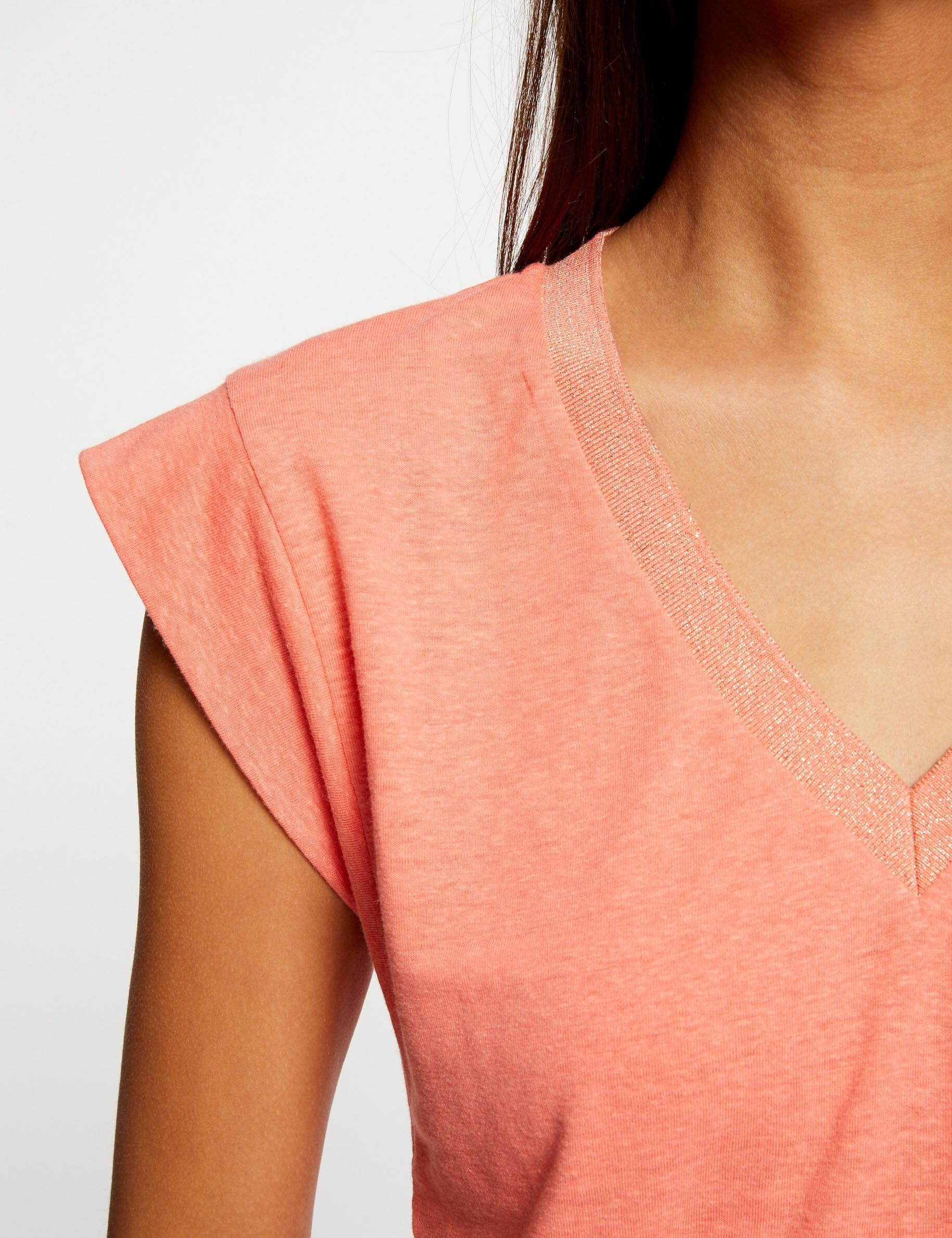 T-shirt manches courtes à col en V orange femme - orange