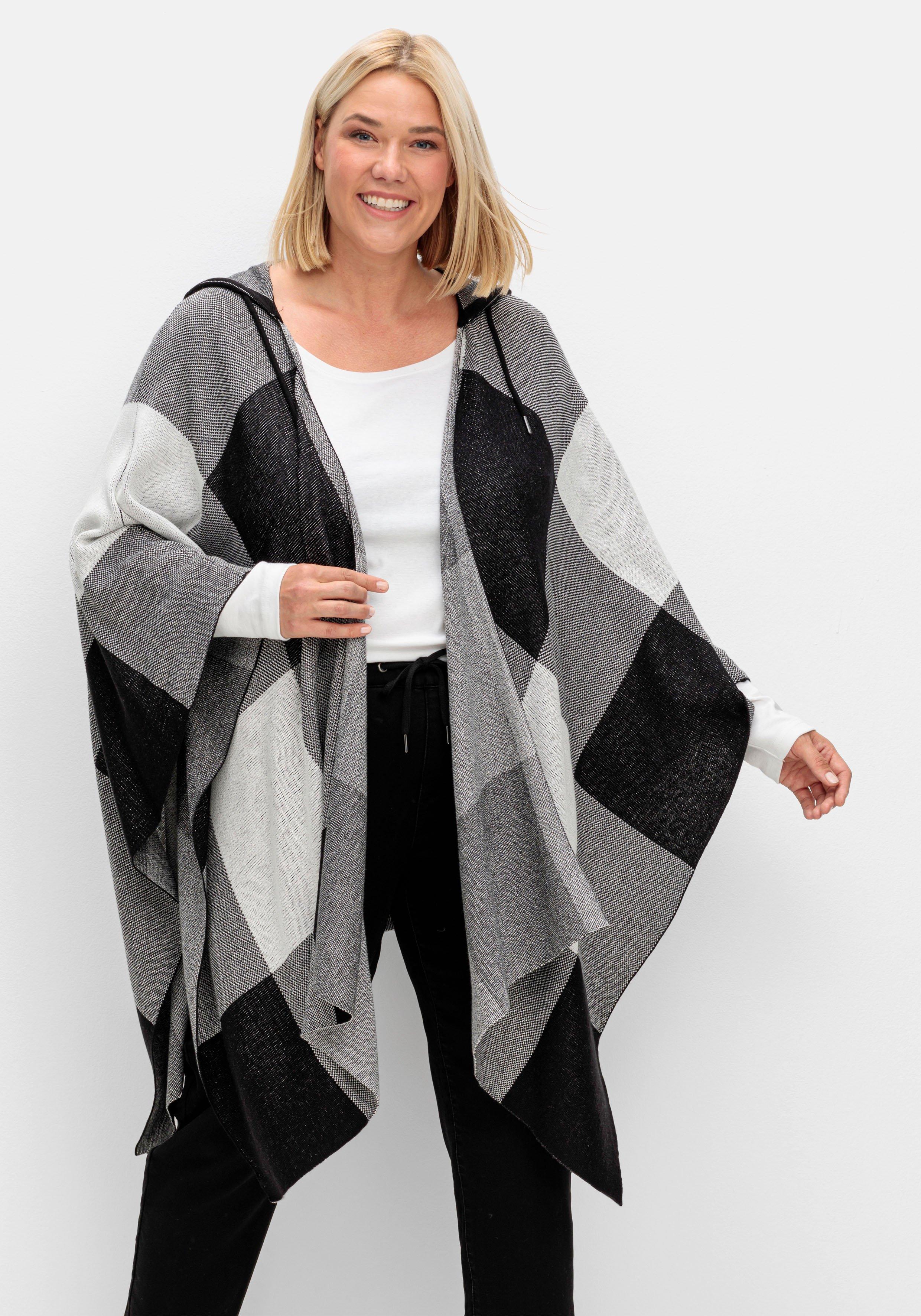Kariertes Poncho-Cape mit Kapuze, offene Form