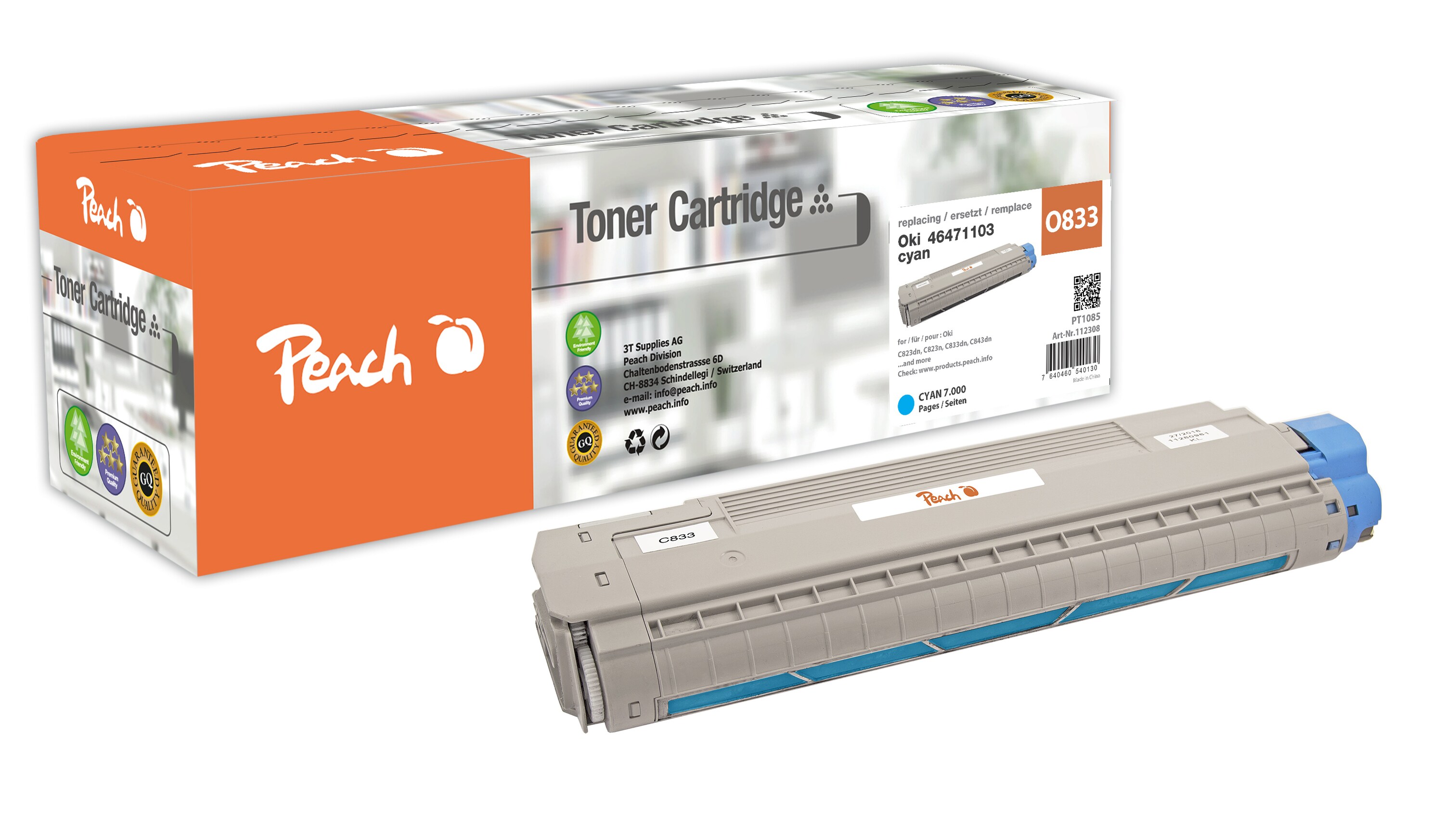 Peach O464711/464338 Toner cy ersetzt OKI 46471103 für z.B. OKI C 823 DN, OKI C 823 N, OKI C 823, OKI C 833 DN, OKI C 833 DT, OKI C 833 N (wiederaufbereitet)