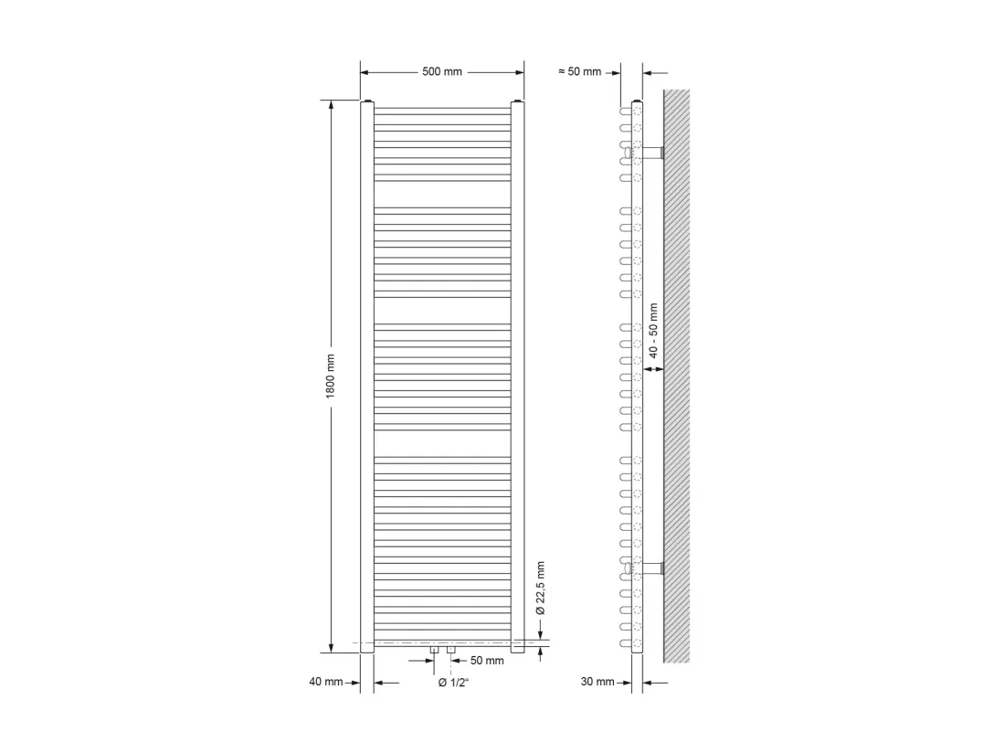 Radiateur sèche-serviette salle de bain acier chrome connexion central 50x180 cm