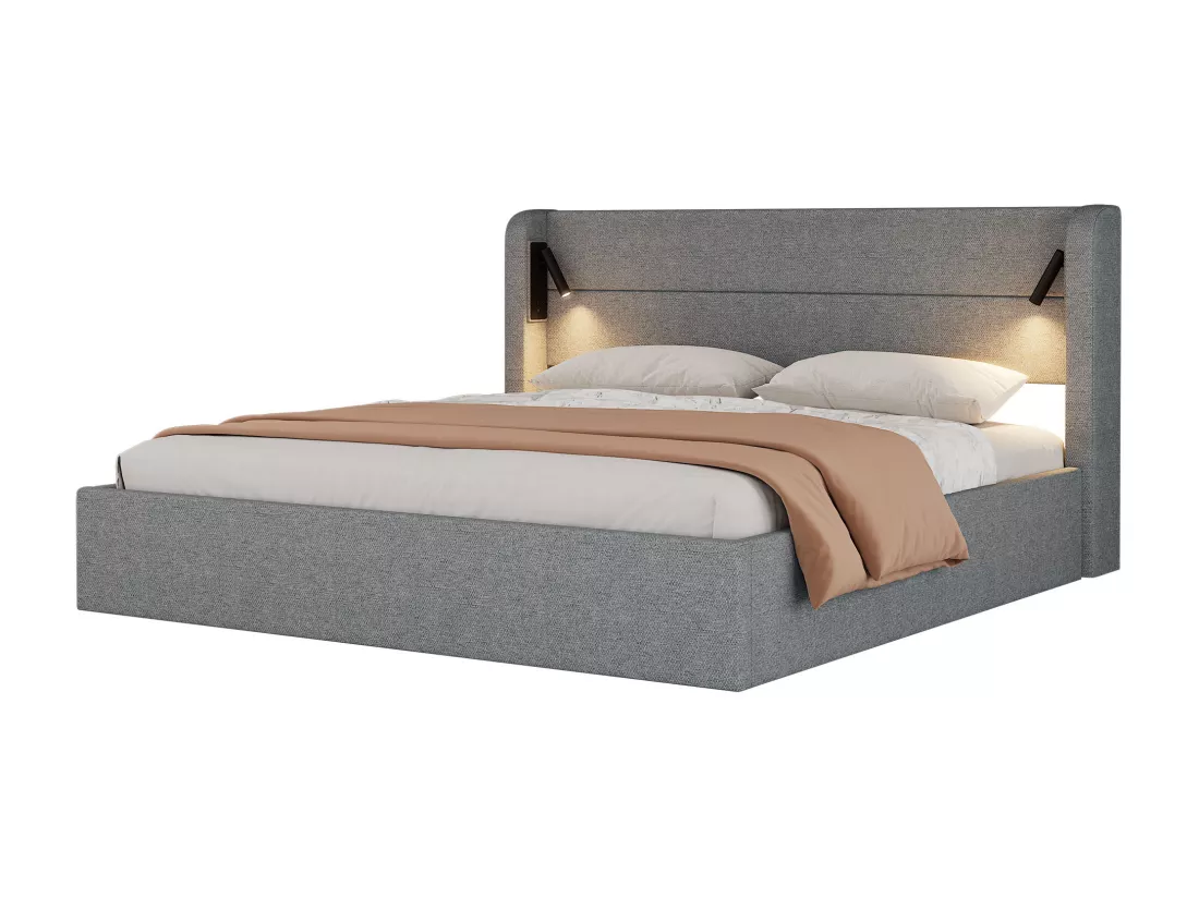 Lit coffre capitonné 180x200 cm - lit double - avec éclairage - sommier à lattes - gris (matelas non inclus)