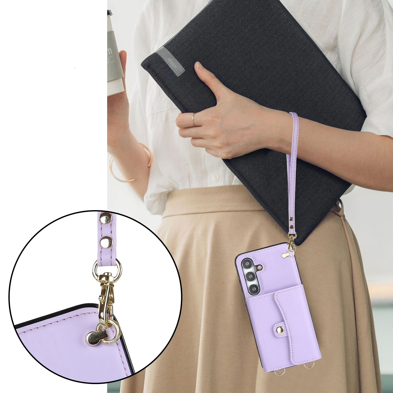 Samsung Galaxy S24  Plus Necklace Leder Schutz Hülle mit Kartenfach   Handykette (140cm) - Lila