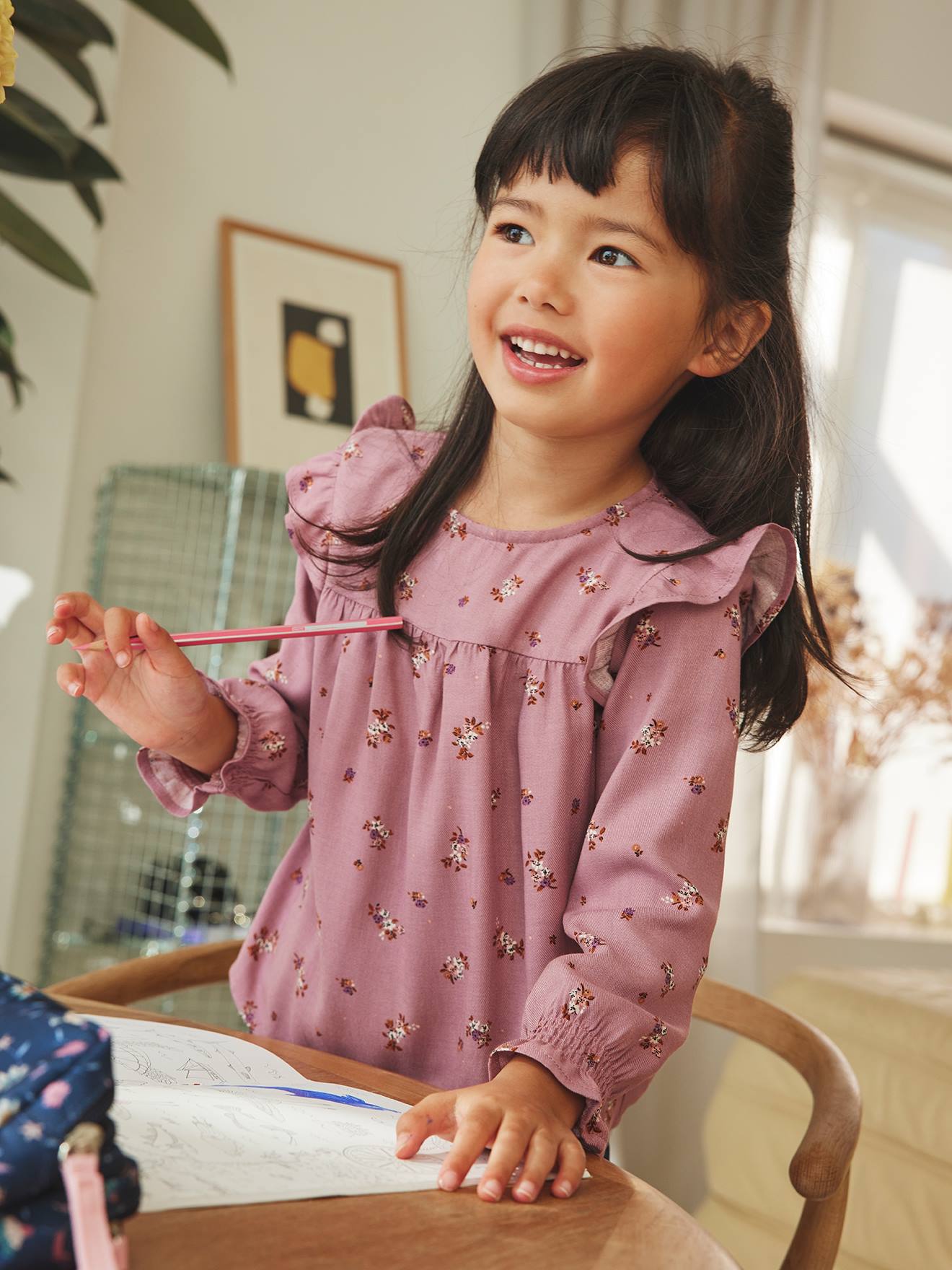 Blusa de manga comprida com flores, para meninas, azul escuro