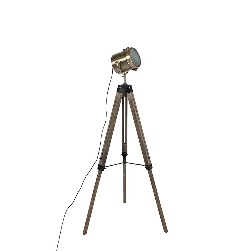 Industriële vloerlamp tripod hout met studiospot - Braha