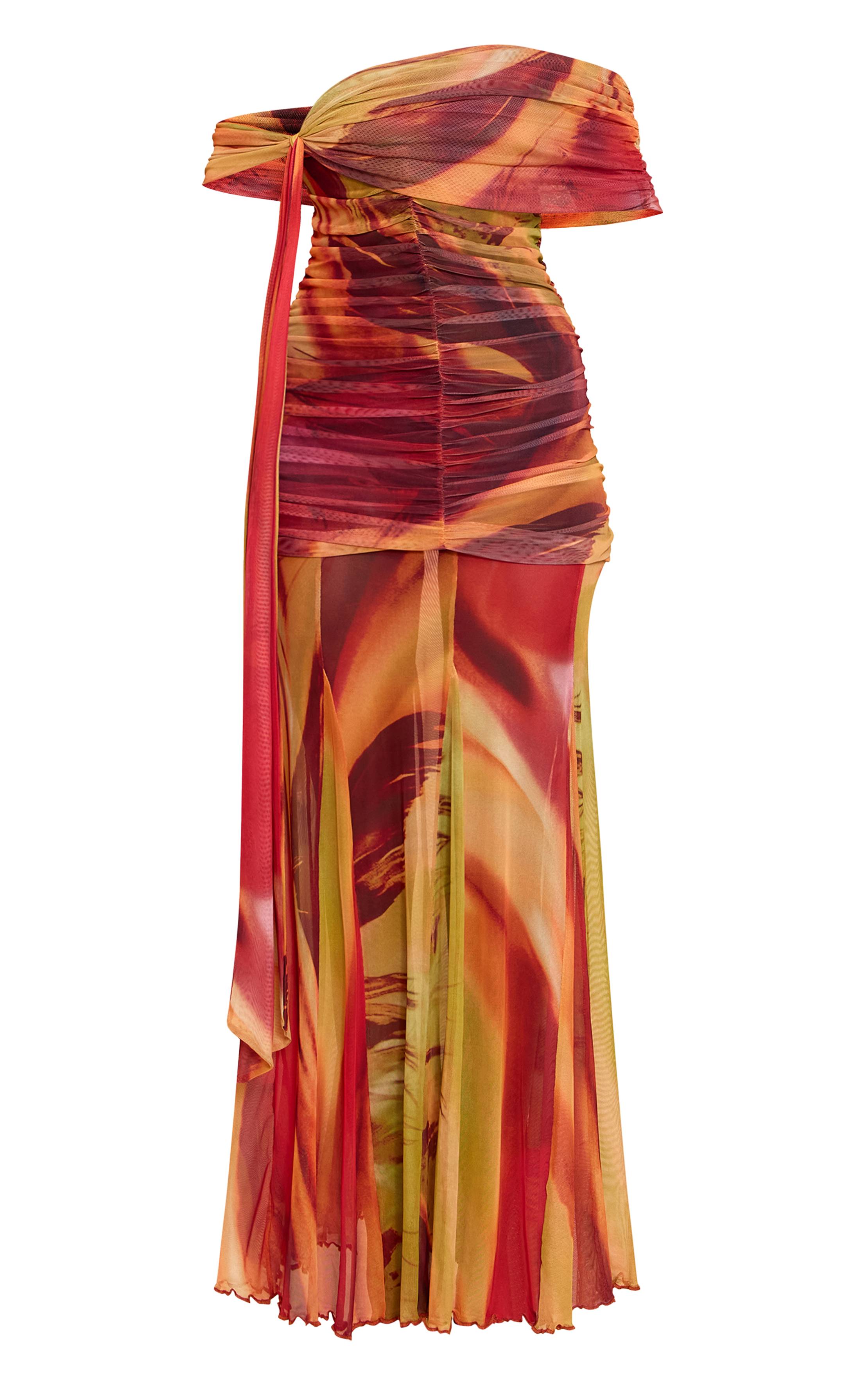 Orange Brûlé Robe Longue Bardot En Mesh Doublée