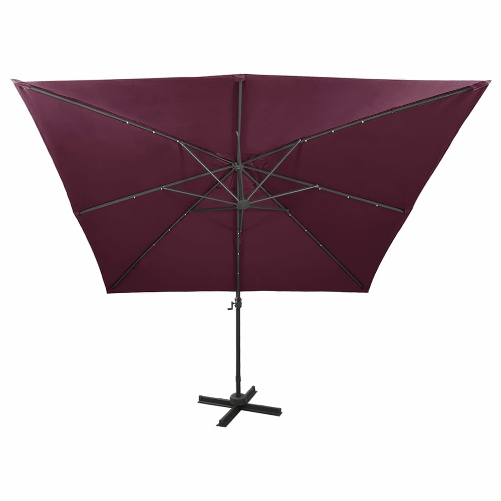 Parasol meuble de jardin déporté avec mât et lumières led 300 cm rouge bordeaux