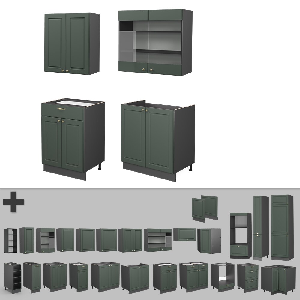 Vicco Küchenzeile Küchenblock Einbauküche Fame-Line Single Landhaus Anthrazit Grün Gold 140 cm modern Küchen Schränke Spülenunterschrank Schubunterschrank Hängeschrank Hängeglasschrank