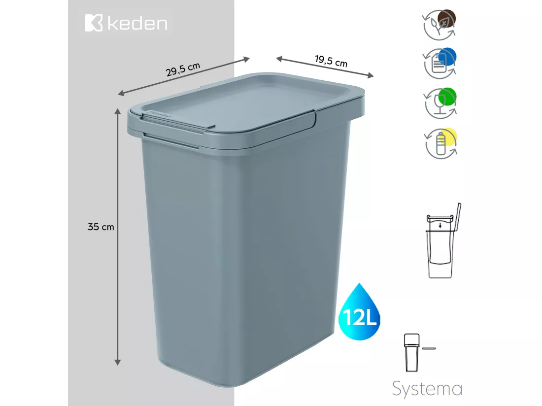 Cube de recyclage carré 12l Couleur grise Keden 29x19x35
