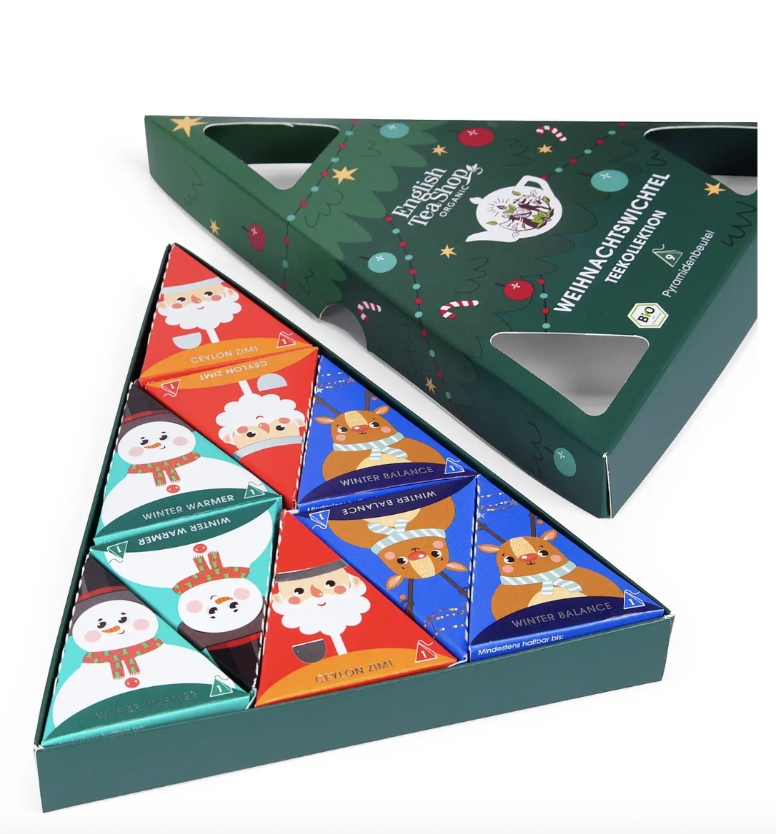 (9-tlg. Set) Weihnachtswichtel Bio Wintertee Pyramiden Teebeutel Geschenkbox (68648) - Dunkelgrün