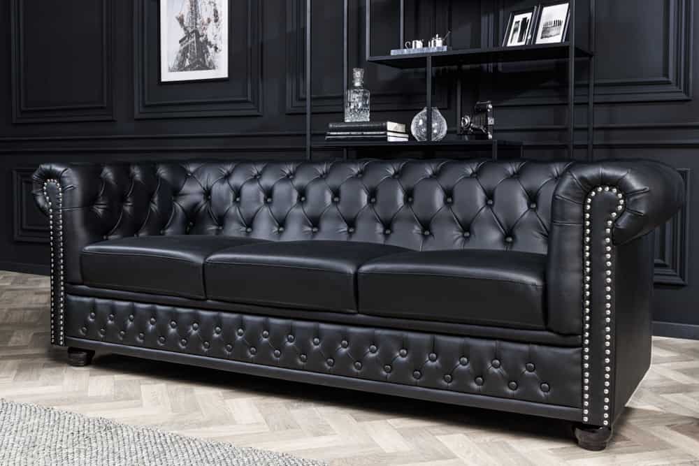 Chesterfield 3-Sitzer Sofa 205cm schwarz Nietenbesatz Federkern