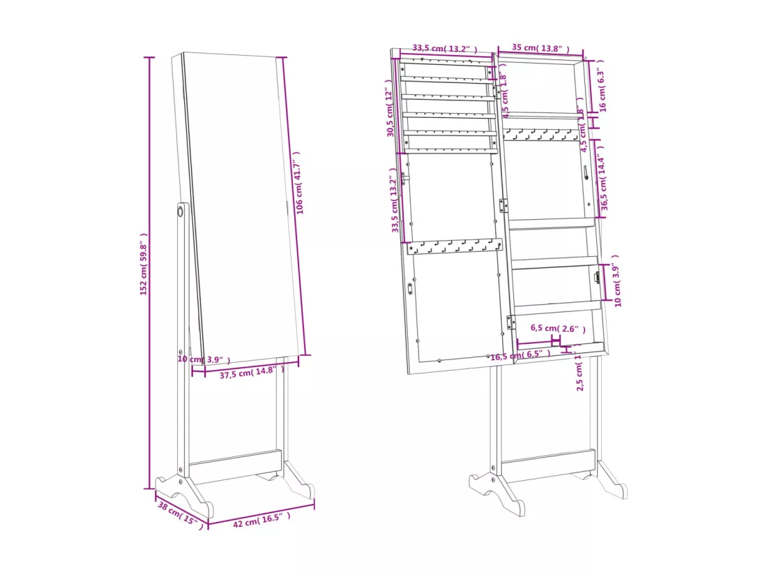 Armoire à bijoux avec miroir sur pied blanc 42x38x152 cm