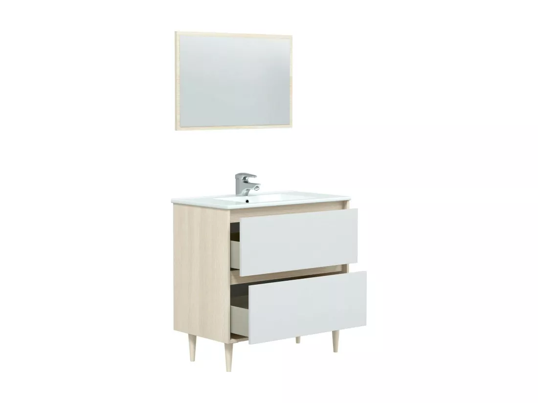 Meuble sous-vasque Yazoo, Meuble sous-vasque de salle de bain, Meuble sous-vasque avec miroir, Lavabo non inclus, 80x45h80 cm, Blanc brillant et chêne