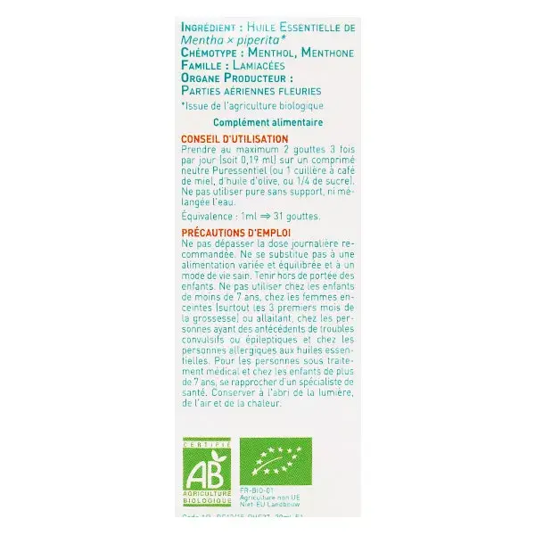 Óleo Essencial de Hortelã-Pimenta Orgânico Puressentiel 30ml