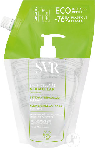 SVR Sebiaclear Eau Micellaire Nettoyant Démaquillant Purifiant Peau Grasse Acnéique Recharge 400ml