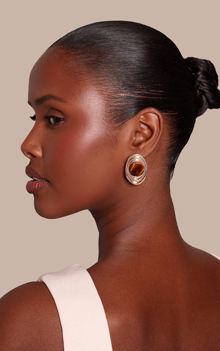 Doré Boucles D'oreilles Clous Ovales En Œil De Tigre Brossé