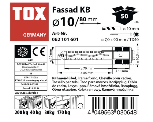 Kozijnpluggen Tox Fassad KB 10/80, 50 stuks