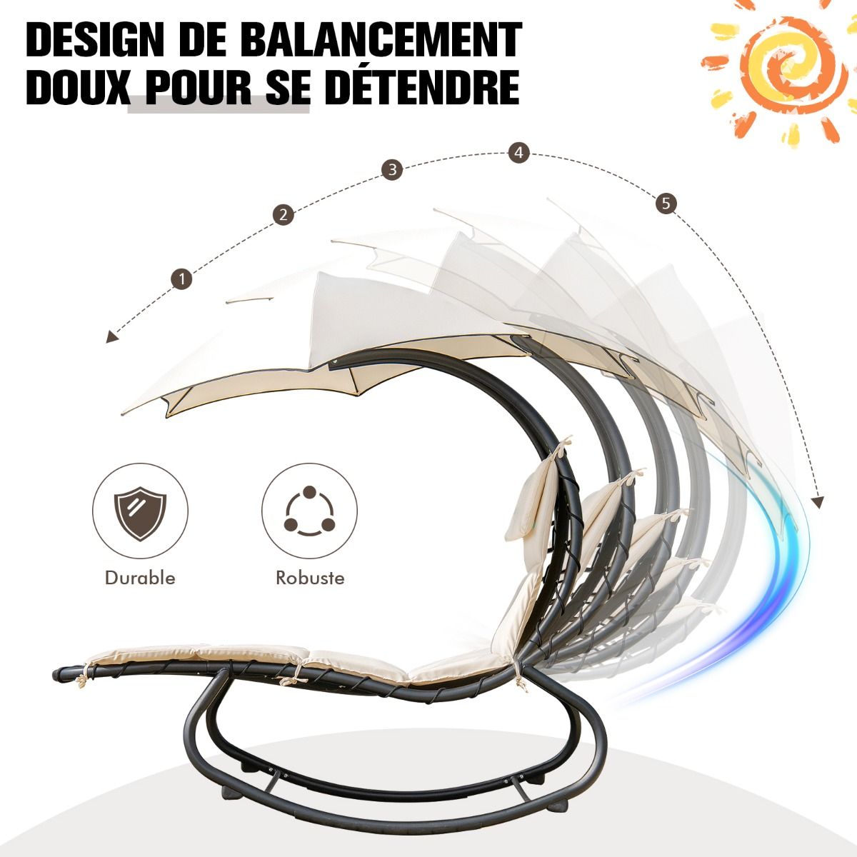 Bain de Soleil à Bascule Transat Suspendu avec Pare-Soleil&Coussin Hamac Charge 150KG 189 x 186 x 90cm Beige - Lidl-Manfred