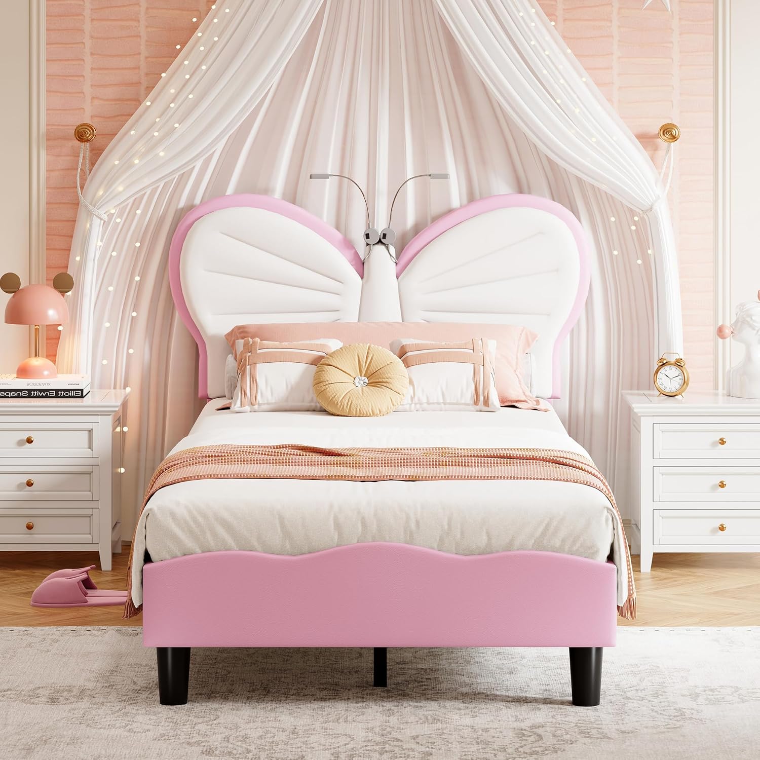 Kinderbett 90x200 cm, LED Einzelbett Gepolstertes Bett mit lattenrost für Mädchen, Polsterbett Jugendbett mit verstellbarem Kopfteil für Kinderzimmer, ohne Matratze (Rosa Schmetterling)