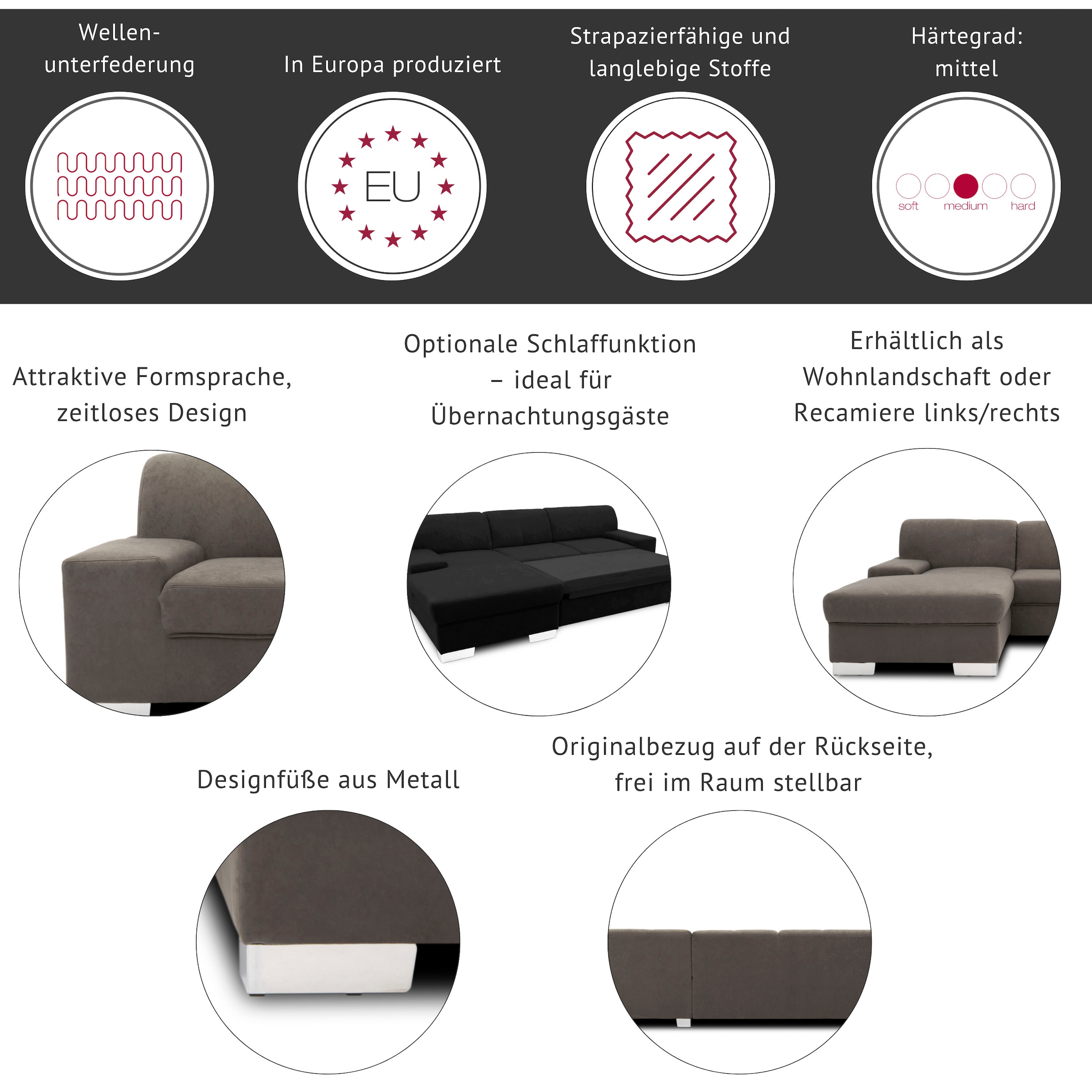 DOMO collection Wohnlandschaft »Star, zeitloses und elegantes Design, viel Platz, Breite 304cm, U-Form« fester Sitzkomfort, wahlweise mit Bettfunktion