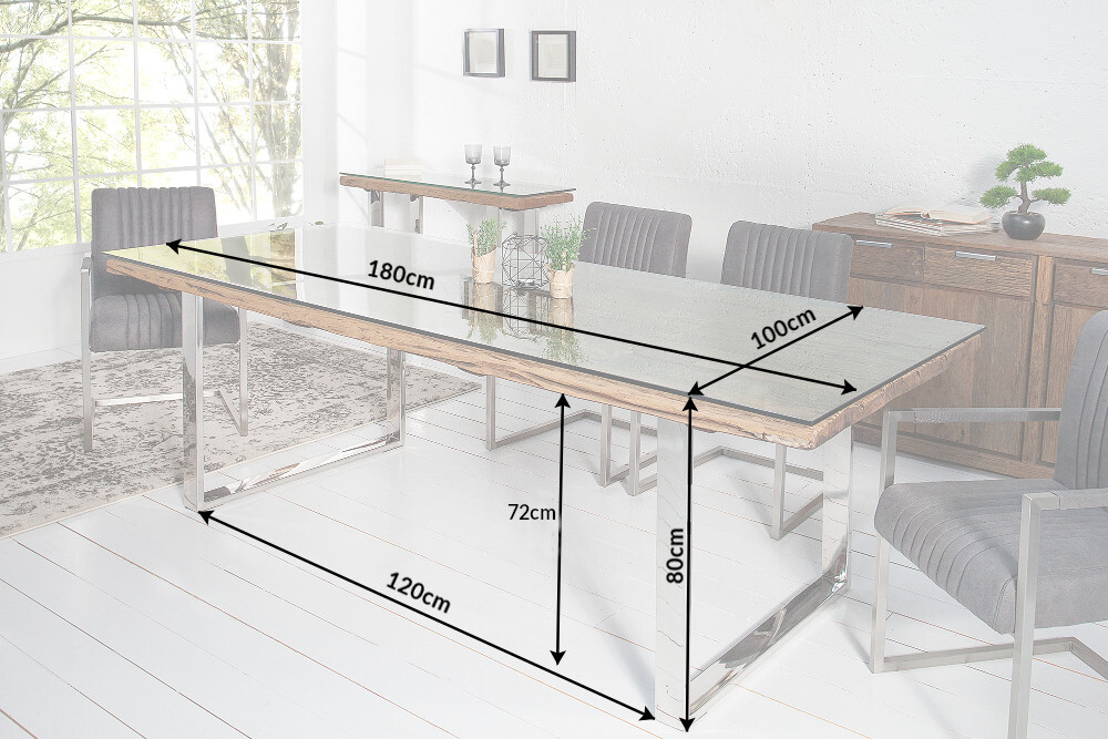 Massiver Esstisch BARRACUDA 180cm antik Teak Holz mit Stahl Kufenfüßen inkl. Glasplatte