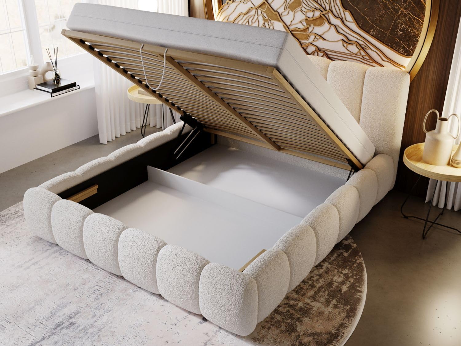 GRAINGOLD Cloud Bett 160x200, Polsterbett mit Bettkasten, Polsterbett mit Stauraum, Bouclé-Stoff, mit Lattenrost, mit Kopfteil, ohne Matratze (Beige, 160x200)