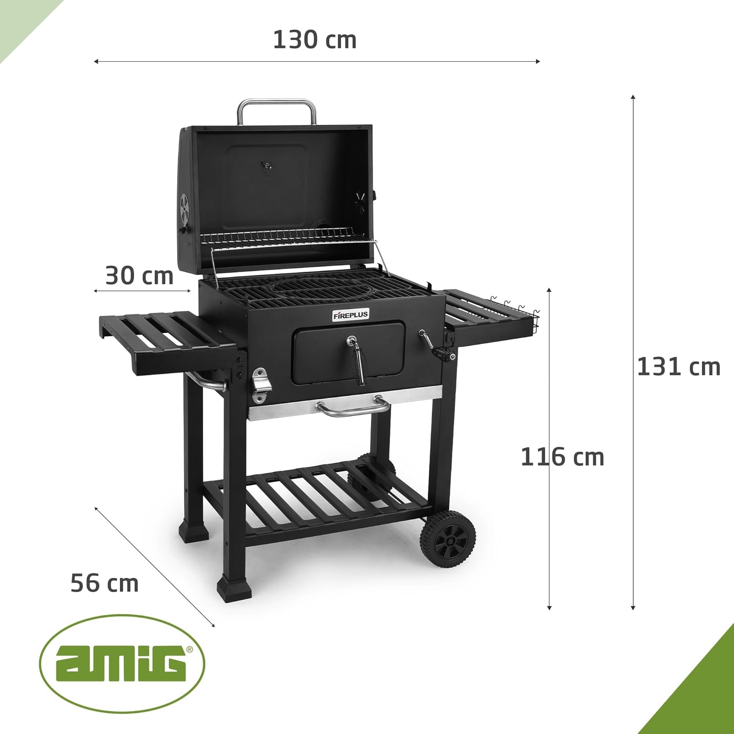 Amig - Holzkohlegrill- Fireplus Tragbarer Barbacue - Grill mit Rädern und Seitenablagen - Belüftungssystem und Aschebehälter - Stahlgrill 57 x 42 cm - Maße: 116-5 x 13-1 x 56 cm
